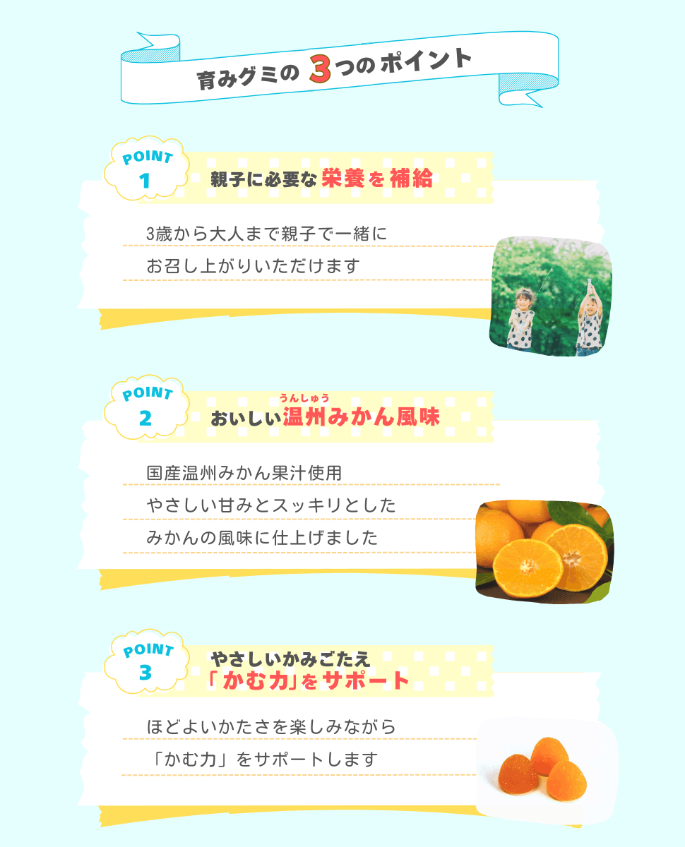 育みグミの3つのポイント。1.親子に必要な栄養を補給、2.おいしい温州みかん風味、3.やさしいかみごたえ「かむ力」をサポート