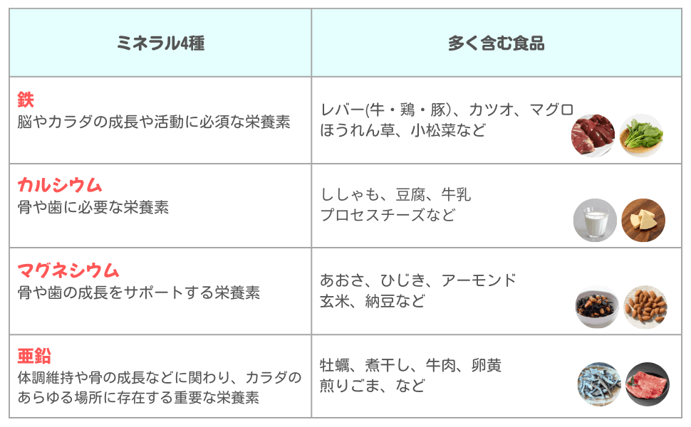 ミネラル4種と多く含む食品の表